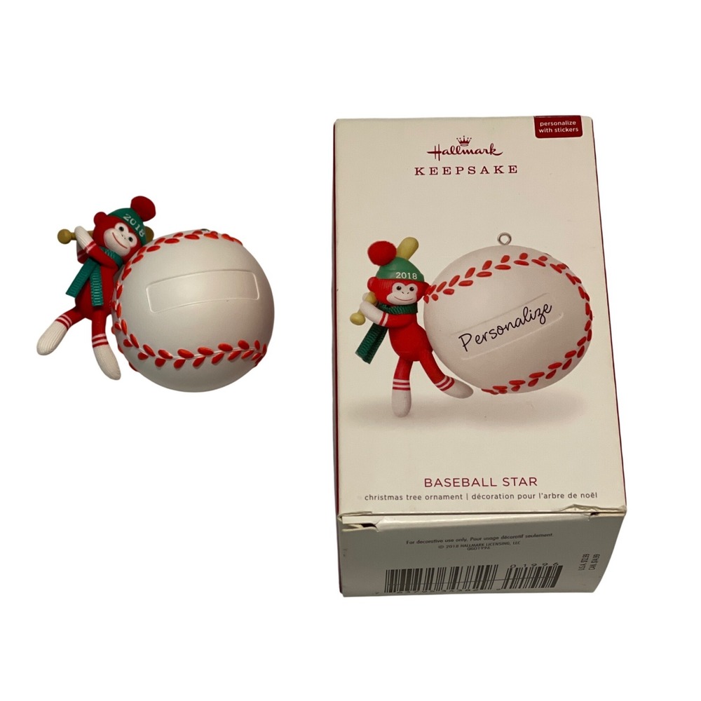 Hallmark Keepsake 2018 Baseball Sock Monkey Christmas Ornament Personalizable